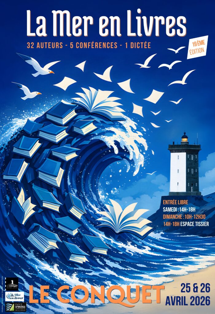 affiche 2026 le mer en livres .Une vague de livre s'abat sur un phare